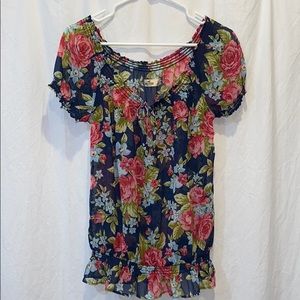 Floral Navy and Pink Sheer Top